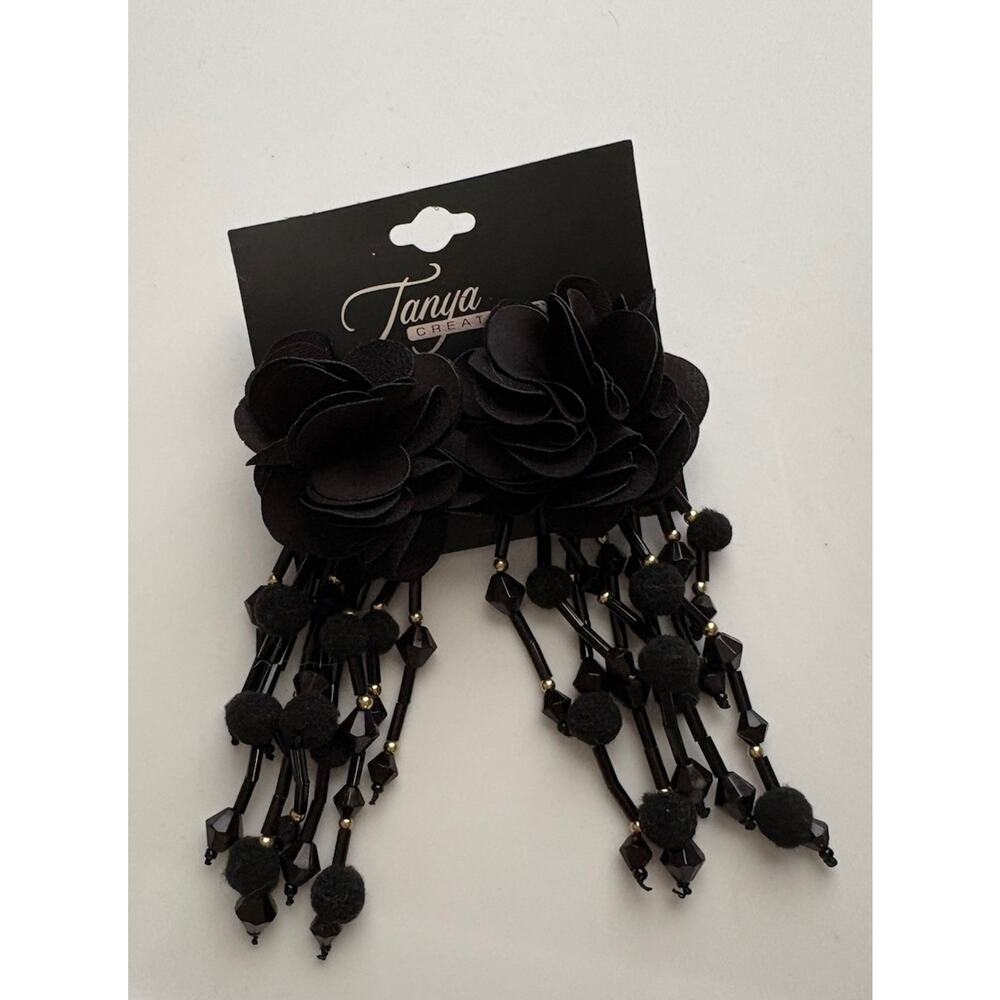 NWT Black Floral Pom Pom Chandelier Dangle tassel Earrings